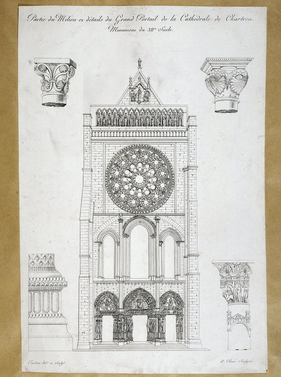 Építészet: kilátás a Cathedrale de Chartres nagy portáljára - 12. századi emlékmű 19. századi lemez alkotó: French School