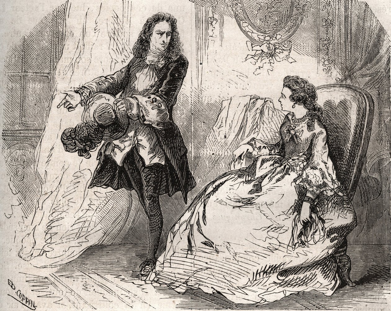 Armande Bejart (1641-1700), Jean Baptiste Poquelin dit Moliere (1622-1673) felesége szerelmével, Guiche grófjával, Henry de Kock (1819-1892) „Histoire Des Cocus Celebres” című 1871-es metszete. alkotó: French School
