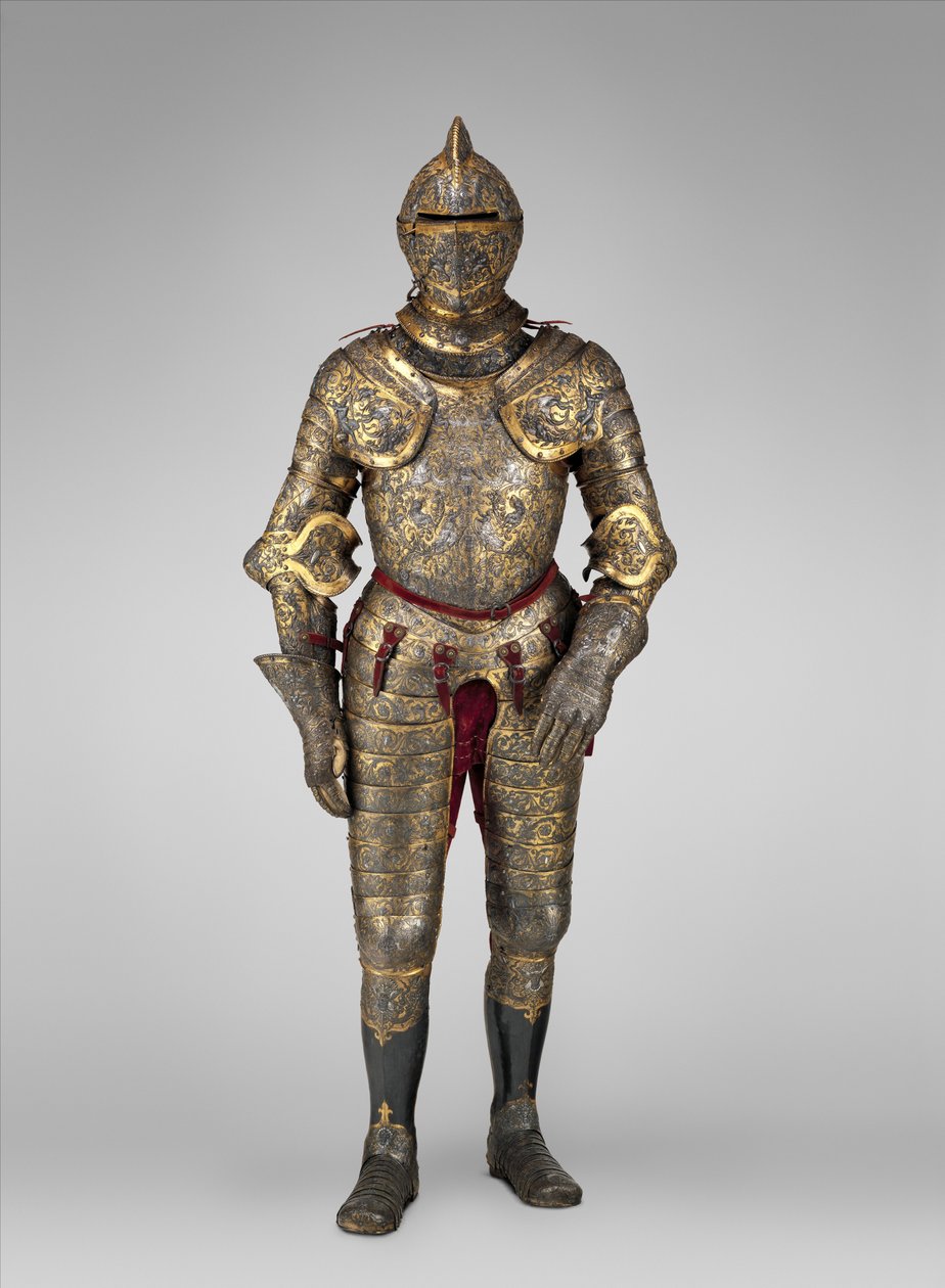II. Henrik francia király (uralkodott 1547–1559) páncélzata 1555 körül (acél, arany, ezüst, bőr, textil)   Dátum: kb. 1555 Közepes: acél, arany, ezüst, bőr, textil alkotó: French School