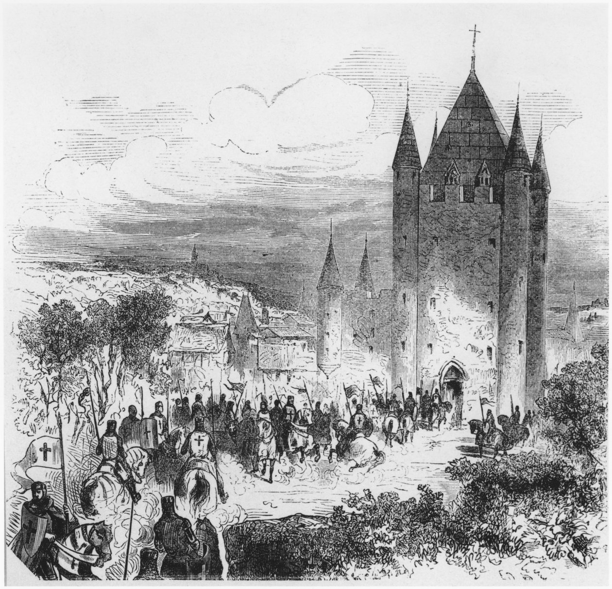 Templomosok serege belép a párizsi templomba, illusztráció a Histoire de France-hoz, 19. század közepe alkotó: French School