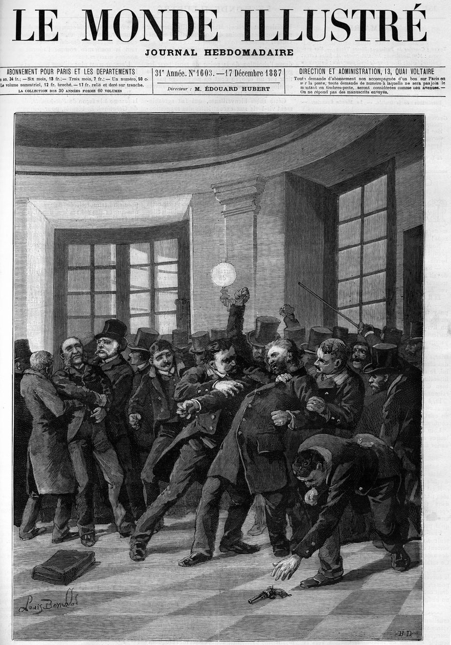 Aubertin letartóztatása a Jules Ferry elleni támadási kísérlet után a Palais Bourbonban 1887-ben. A „The Illustrious World” címlapja 1887-ből. alkotó: French School