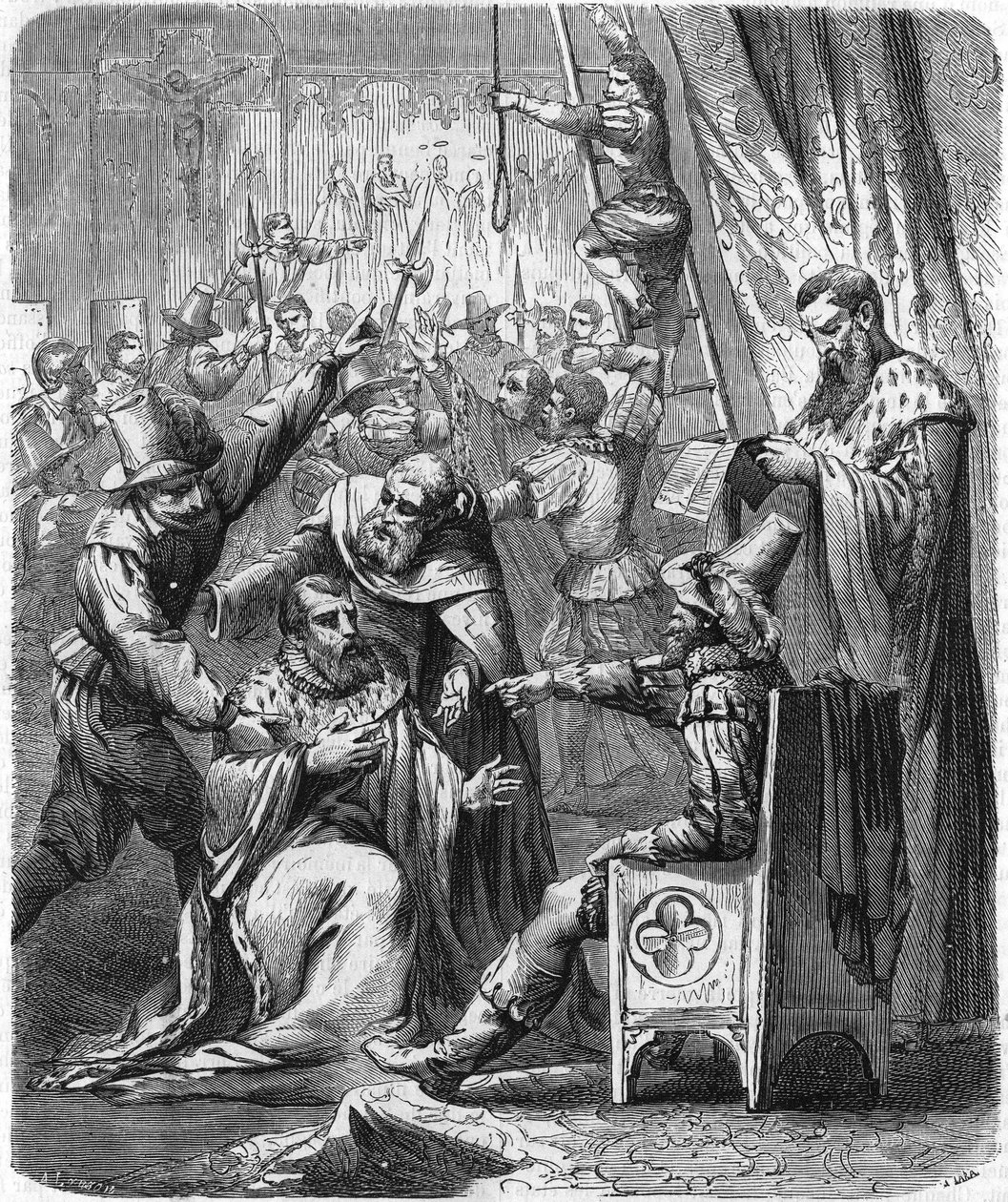 Brisson és Larcher letartóztatása, a polgárháború két erőszakos legénye a 16. században. In "" Histoire Populaire de la France"", sd. 1885 körül. Metszet. alkotó: French School