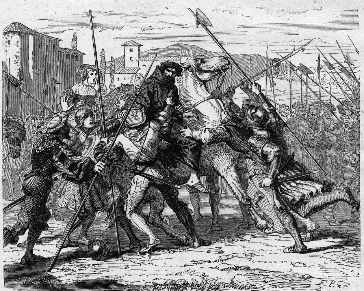 Ludovic Marie Sforza dit le More (Ludovico Maria Sforza detto il Moro) (1452-1508) letartóztatása Milánóban 1500-ban svájci zsoldosok elárulták, a francia hadsereg kezére került. Metszet Paul Lehugeur „” Histoire De France En Cent festményeibe” alkotó: French School