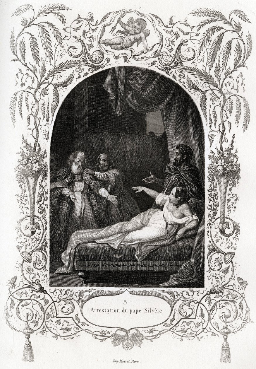 Silvere (Silverio) pápa letartóztatása (536-tól 537-ig pápa). Maurice Lachatre (1814-1900), Librairie du Progres, Párizs, Histoire des Popes című metszete. alkotó: French School
