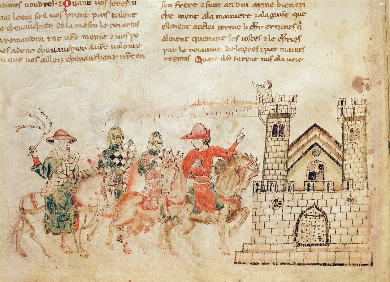Nagykövetek érkezése Arthur király kastélyába, a Roman de Meliadusból alkotó: French School