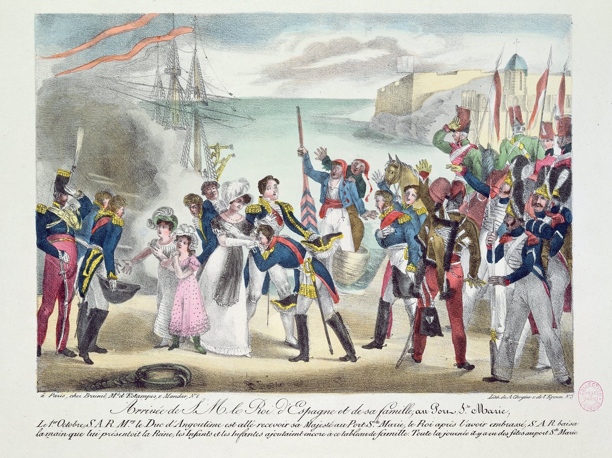 VII. Ferdinánd őfelsége és családja érkezése a Porte Sainte Marie-ba, 1823. október 1. alkotó: French School
