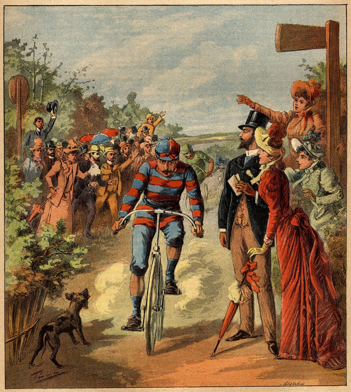 Kerékpárverseny érkezése a francia vidékre. Metszet a „” La Terre Illustree”” 81. számban, 1892. május 19. alkotó: French School