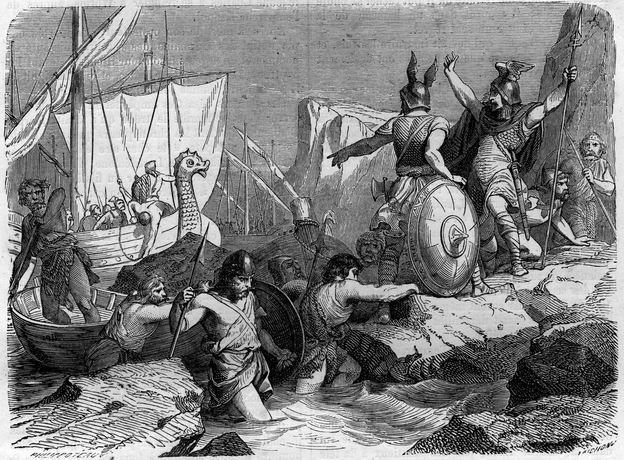 A normannok érkezése a francia tengerpartra a középkorban. Maurice Lachatre metszete a „Histoire des papes-kings-queens-et-mpereurs a travers les centuries” című könyvébe alkotó: French School