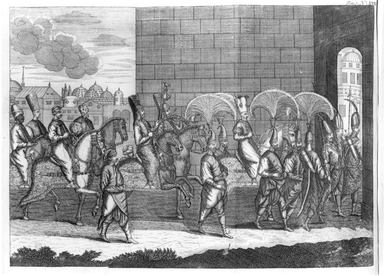 Musztafa szultán érkezése Konstantinápolyba, Sr A. de la Motraye utazásai Európában, Ázsiában és Afrikában, 1727 alkotó: French School