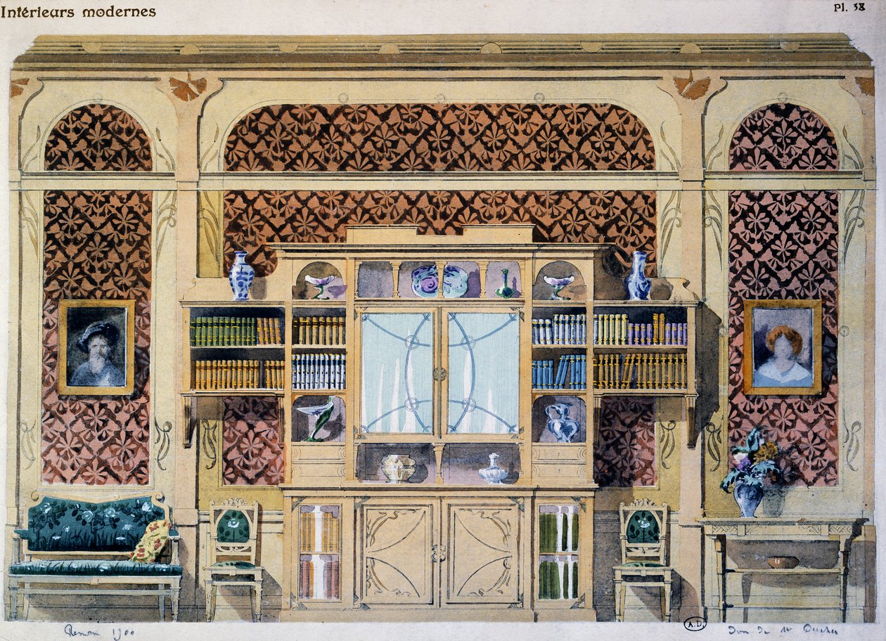 szecessziós stílusú könyvtár, illusztráció az Interieurs Modernes folyóiratból (Modern Interiors) alkotó: French School