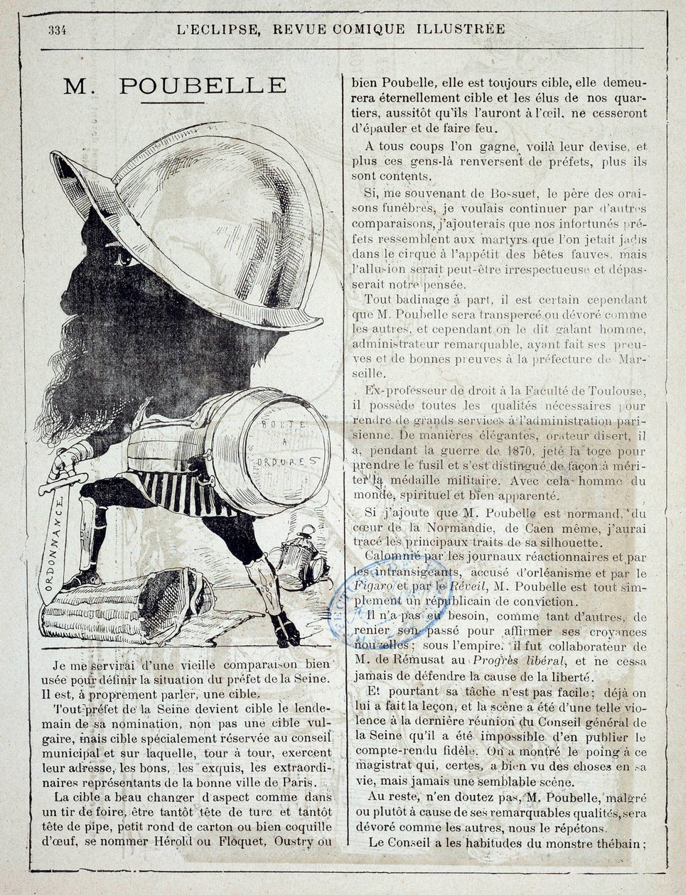 Cikk és rajzfilm Eugene Poubelle-ről (1831-1907), a Szajna prefektájáról és a szemeteskukák feltalálójáról 1884-ben. 1885.10.04. Párizs, rendőrprefektúra alkotó: French School