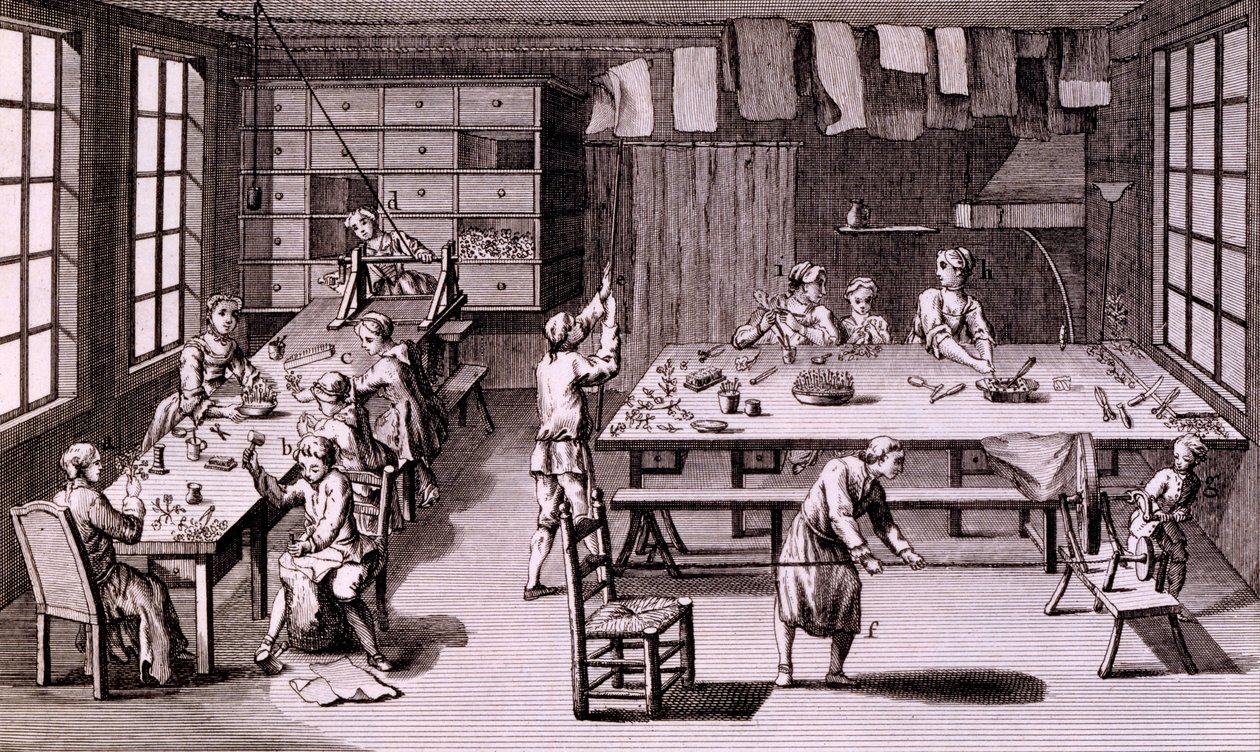 Művirágbolt, illusztráció az enciklopédiából vagy a tudományok, művészetek és kézművesség rendszeres szótárából, Denis Diderot, megjelent 1765 alkotó: French School