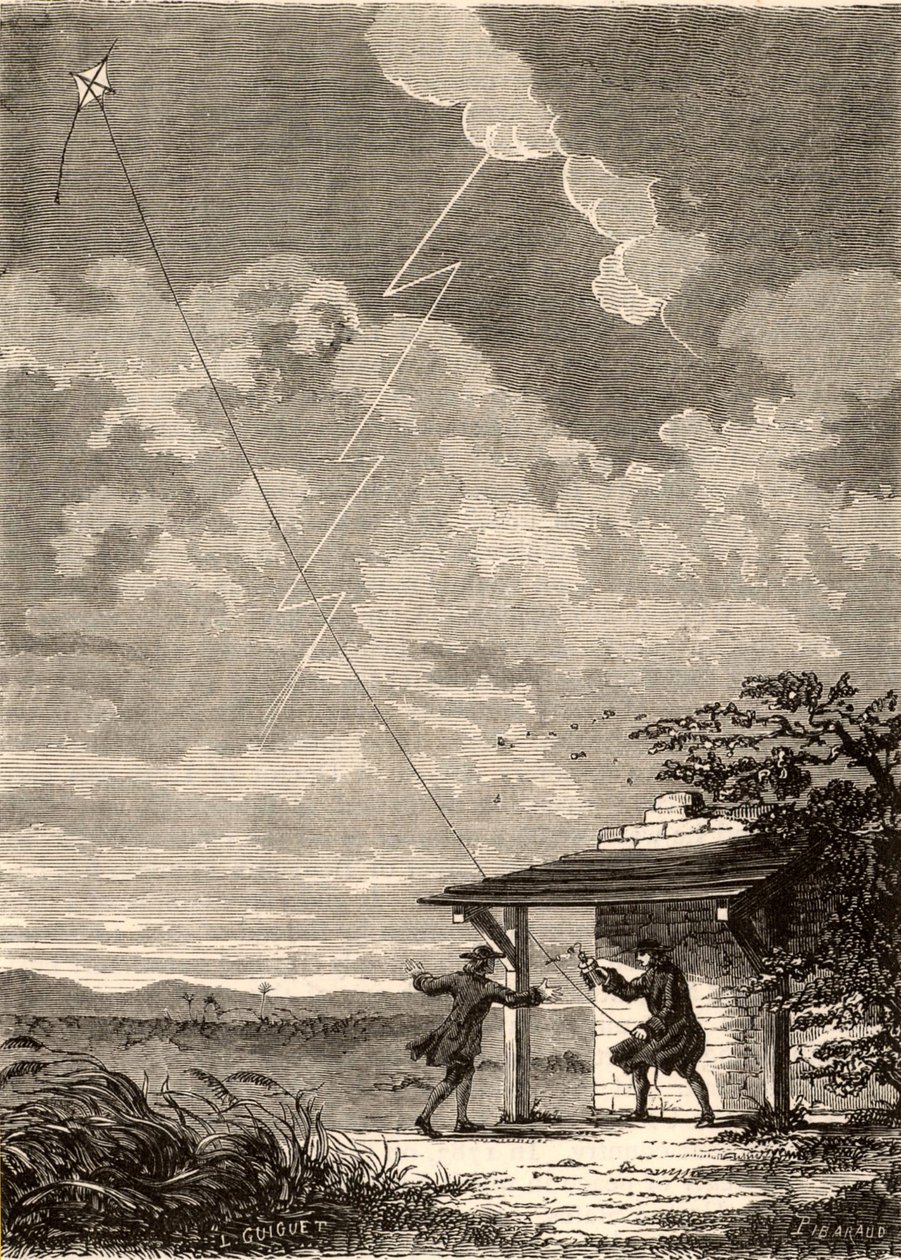 Művészi lenyomat Benjamin Franklin villámok elektromos természetét vizsgáló kutatásáról, Louis Figuier "Les Merveilles de a Science" című művéből, 1870 körül (metszet). alkotó: French School