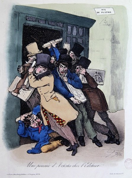 A Kiadó ajtaját ostromló művészek, 1830 körül (színes litó) alkotó: French School