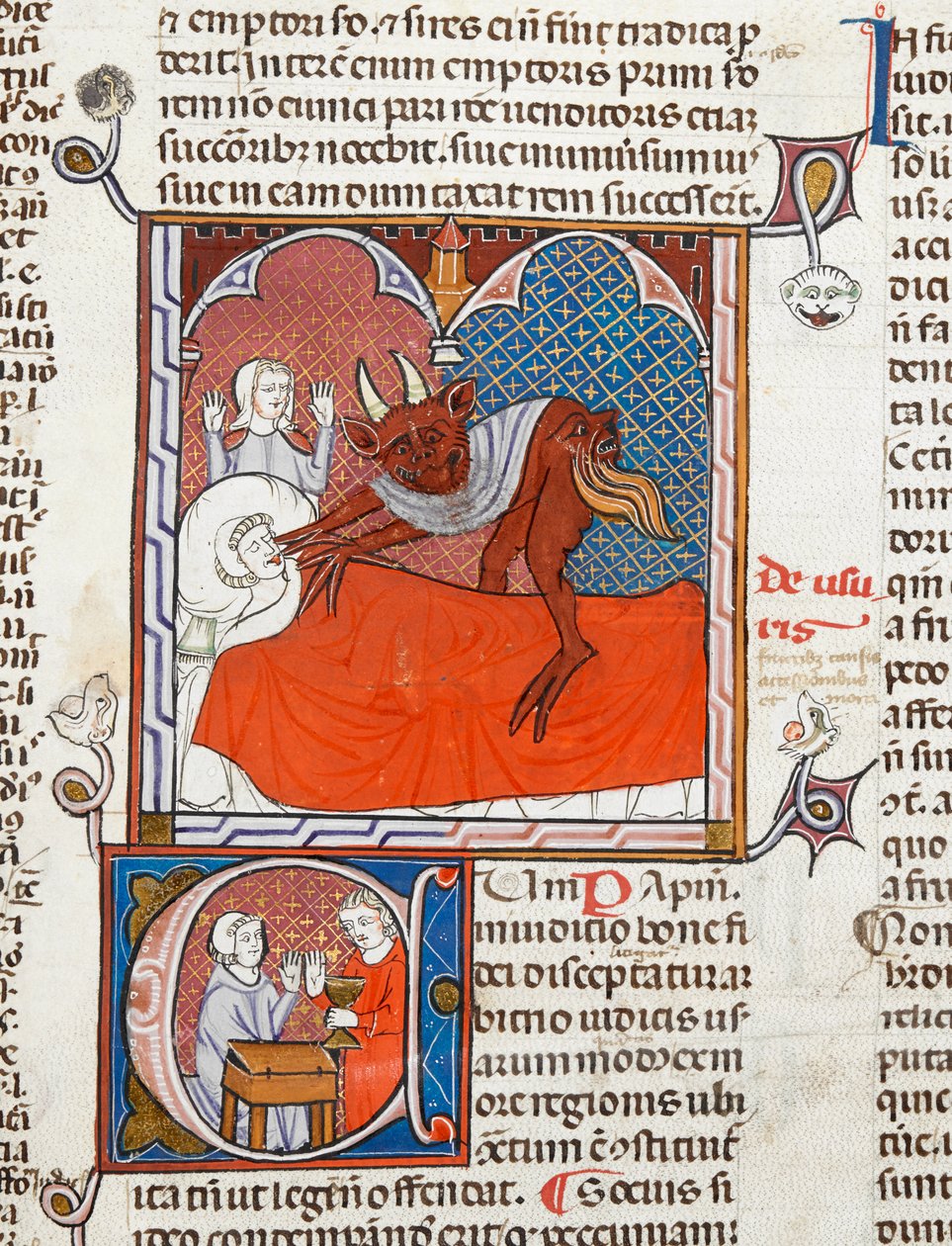 Arundel 484 f.245 Ördög vagy démon egy halott ágyán, illusztráció a Digestum Vetusból fényes ordinariával, Justinianus, 1300-10 körül (vellum) alkotó: French School