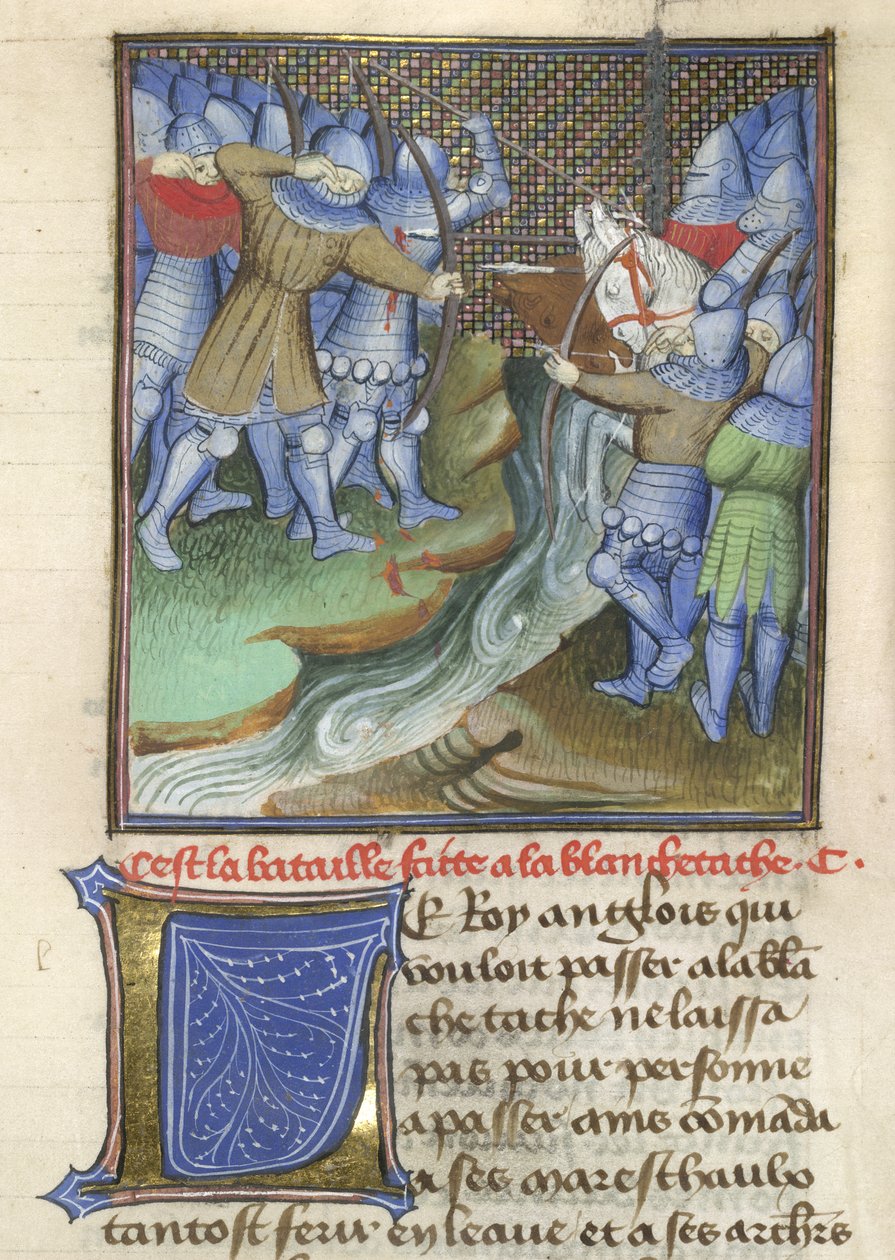 Arundel 67, f.144, Középkori katonák harcoló folyón át a Chroniques d