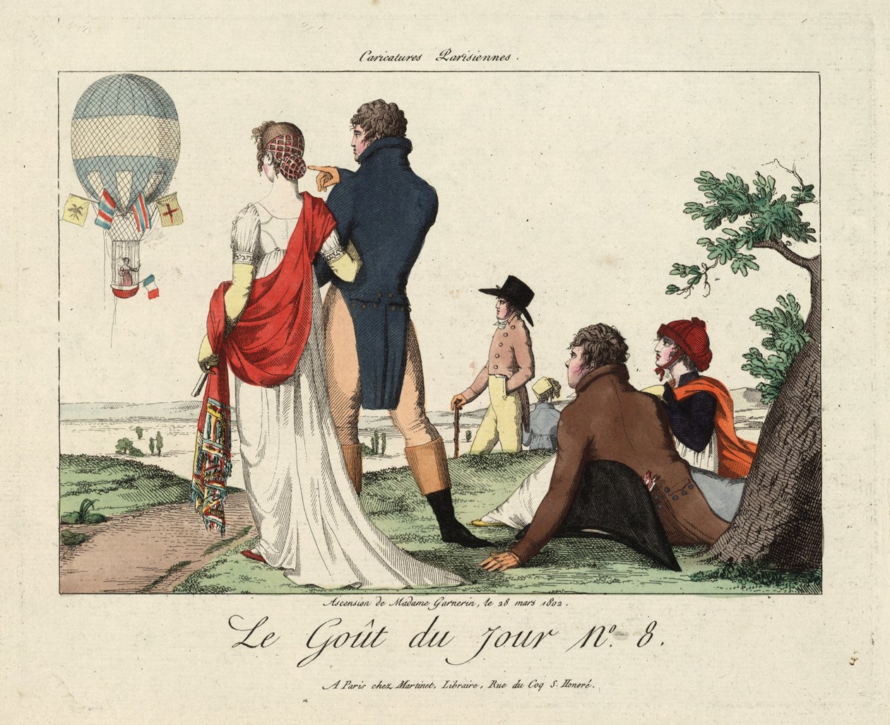 Madame Garnerin felemelkedése, 1802. március 28., Le Gout du Jour No. 8, 1870 körül (kézzel színezett metszet) alkotó: French School