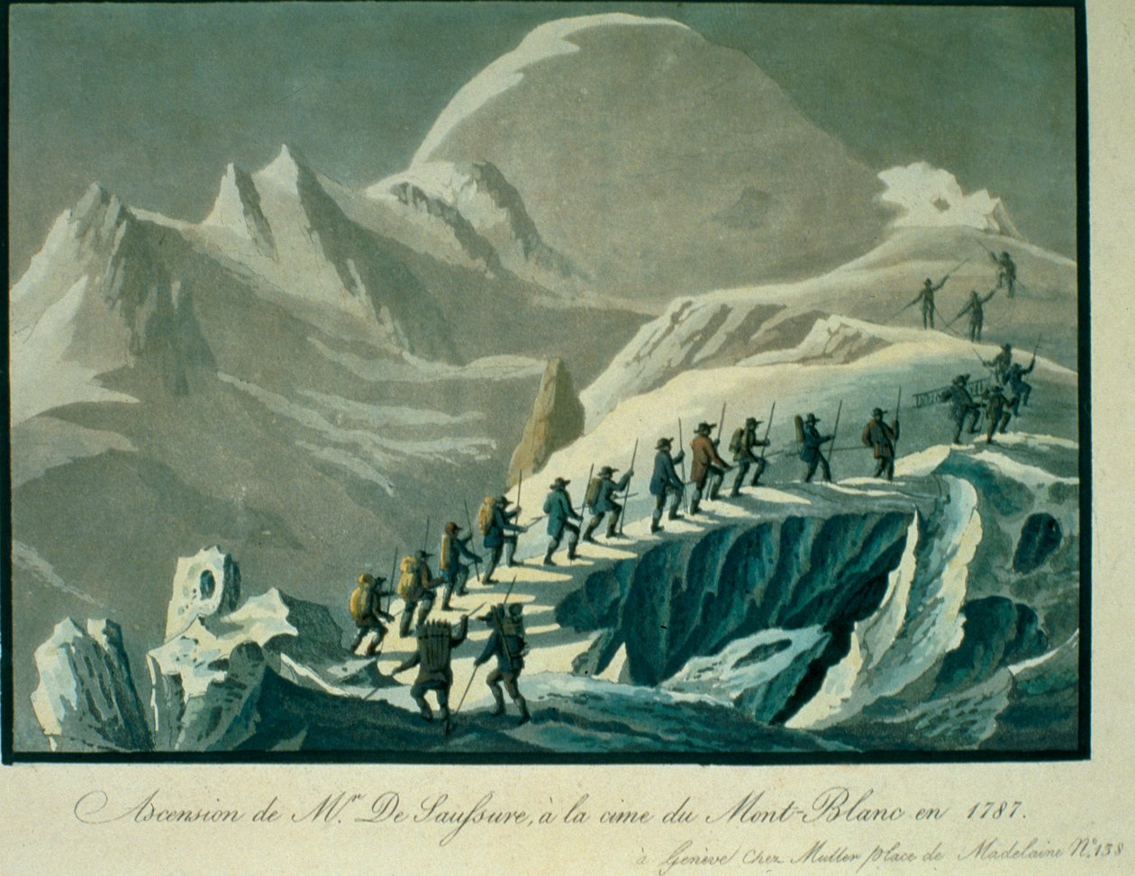 Mr. De Saussure felemelkedése a Mont Blanc csúcsára 1787-ben Charles Fellows (1799-1860) Egy narratívája a Mont Blanc csúcsára való felemelkedésről című művéből, 1827-ben megjelent alkotó: French School
