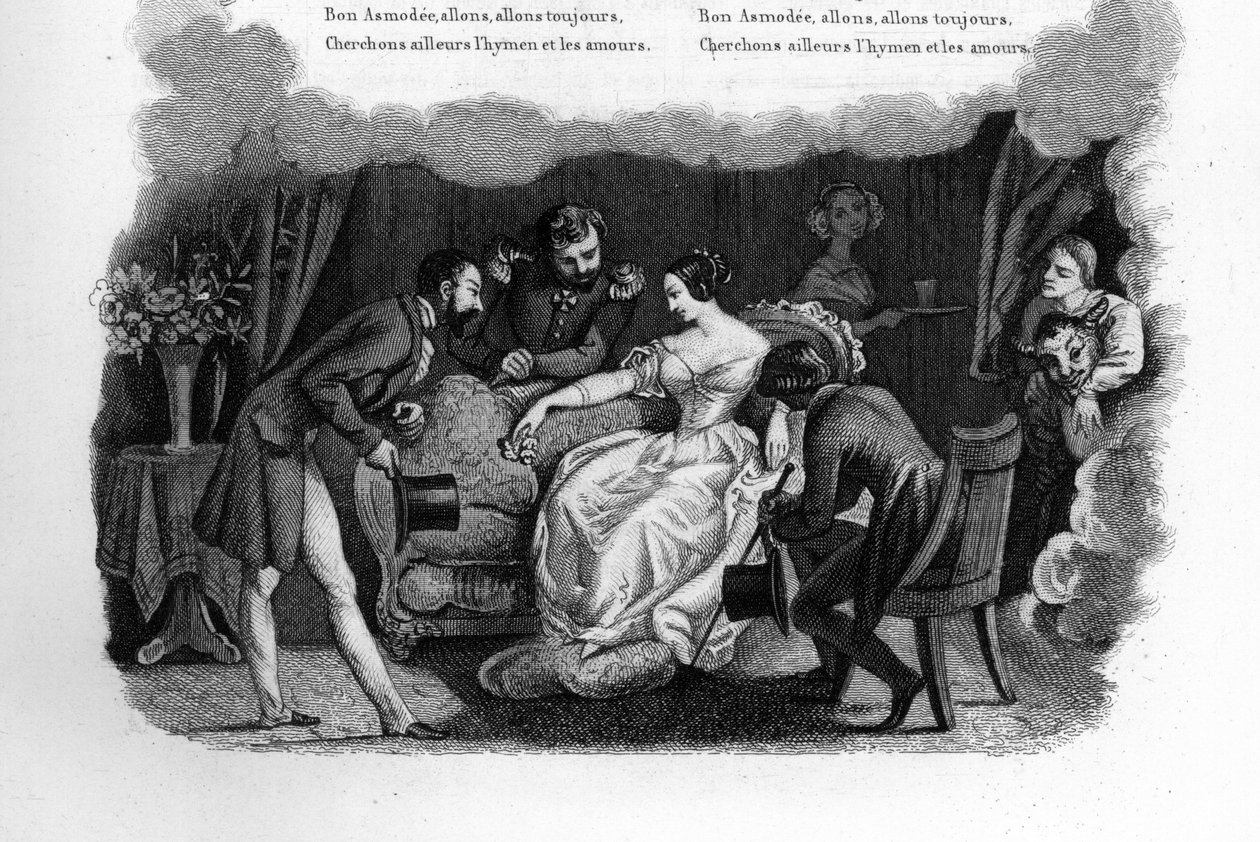 Asmodee. Egy gyönyörű fiatal nő egy nappaliban, akinek három színlelő udvarol, köztük egy dandy és egy katona. Gravírozás „” Chants et chansons populaire de la France””, 2. kötet alkotó: French School