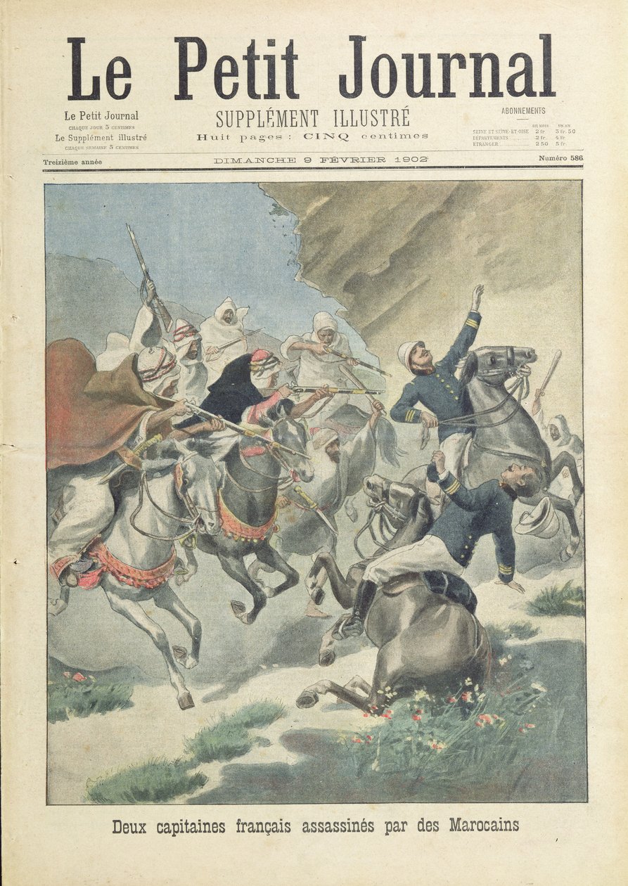 Meggyilkolták az Idegenlégió két francia kapitányát a Beni-Smir törzsből származó marokkóiak, a „Le Petit Journal” címlapillusztrációja, 1902. február 9. alkotó: French School