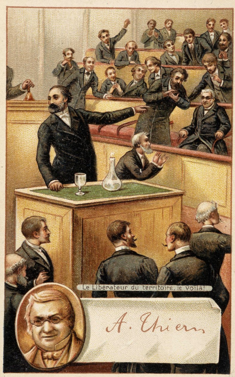 A közgyűlés ujjongja Thierst, „a terület felszabadítóját”” és portré medalionban - chromo., 19. század vége. alkotó: French School