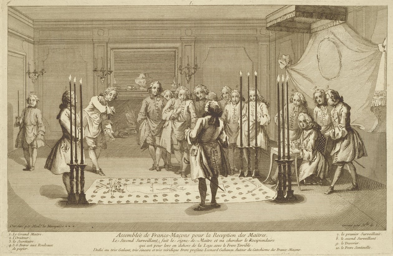 Szabadkőművesek Gyülekezete a Mester beavatása előtt, A vallás és szokás szertartásaiból 1733 körül alkotó: French School