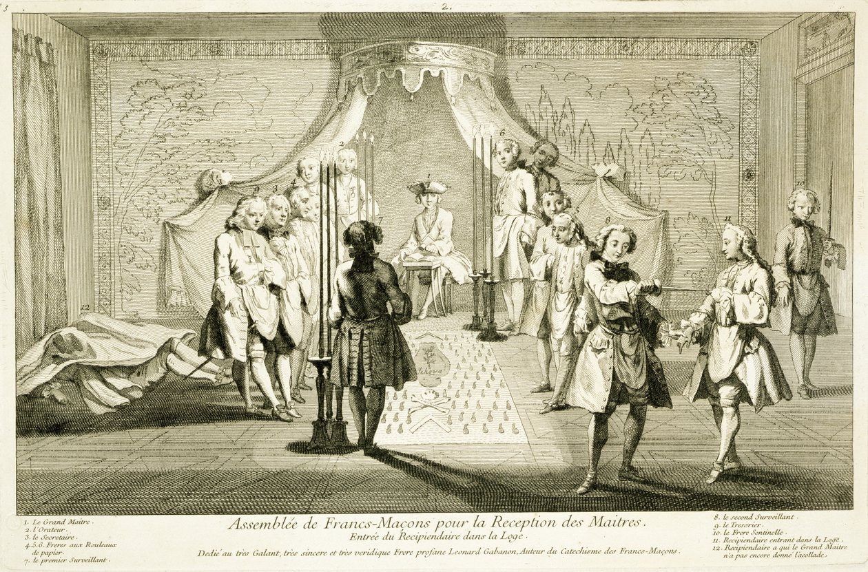 Szabadkőművesek Gyülekezete mester beavatására, a jelölt bejárata a páholyba, A vallás és szokás szertartásaiból, 1733 körül alkotó: French School