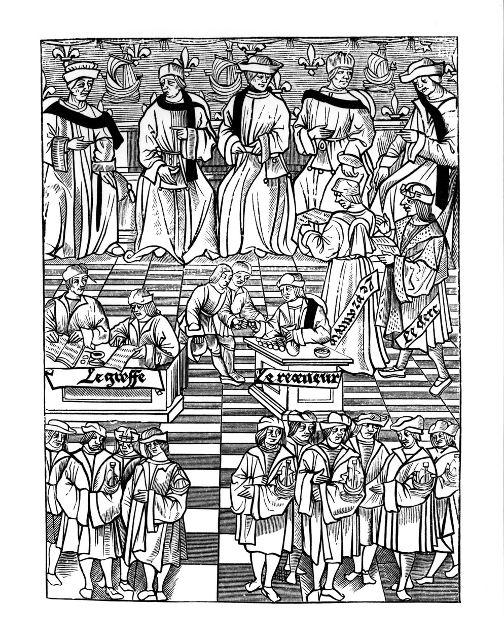 A párizsi kereskedők prépostságának gyűlése az Ordannances Royaux de la Jurisdiction de la Prevote de Marchands et Eschevinage de la Ville de Paris fametszete után, Jacques Nyverd, publis alkotó: French School