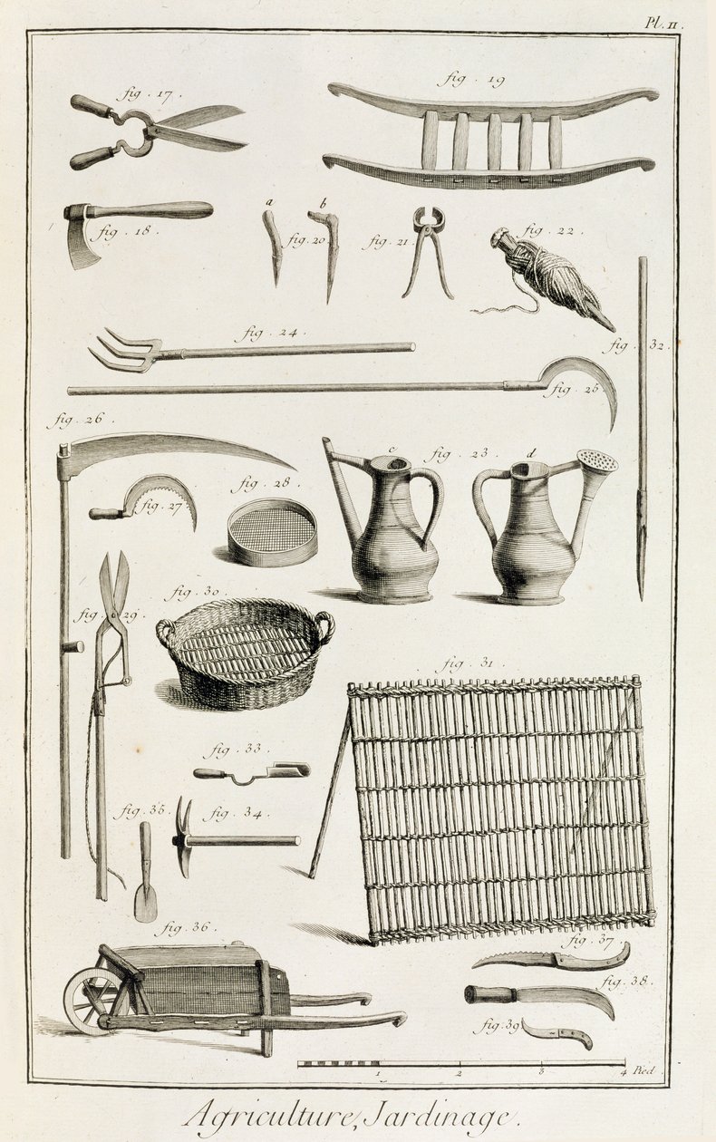 Kerti szerszámok választéka Denis Diderot (1713-84) Encyclopedie des Sciences et Metiers-ből, 1770 körül. alkotó: French School