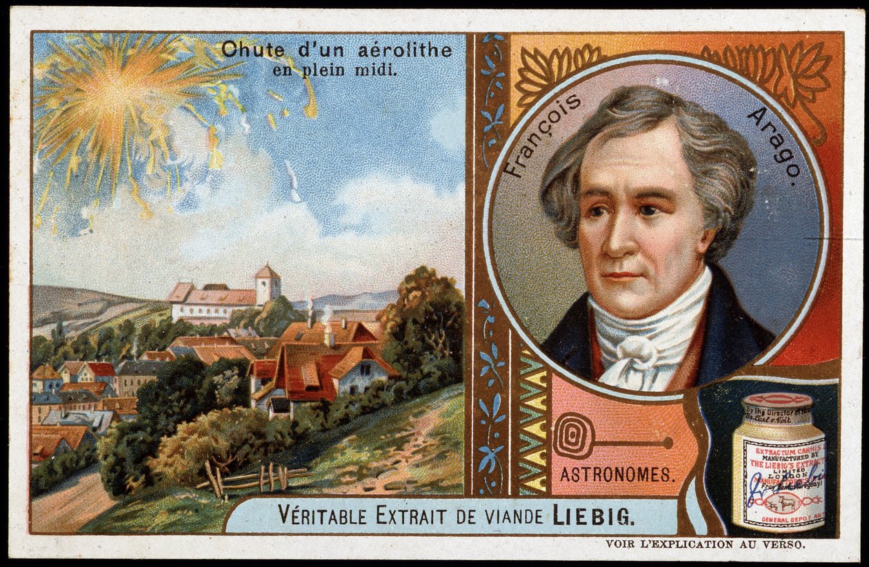 Csillagászat: egy aerolit lezuhanása délben, Francois Arago (1786-1853) portréjával - Liebig kromolitográfia alkotó: French School