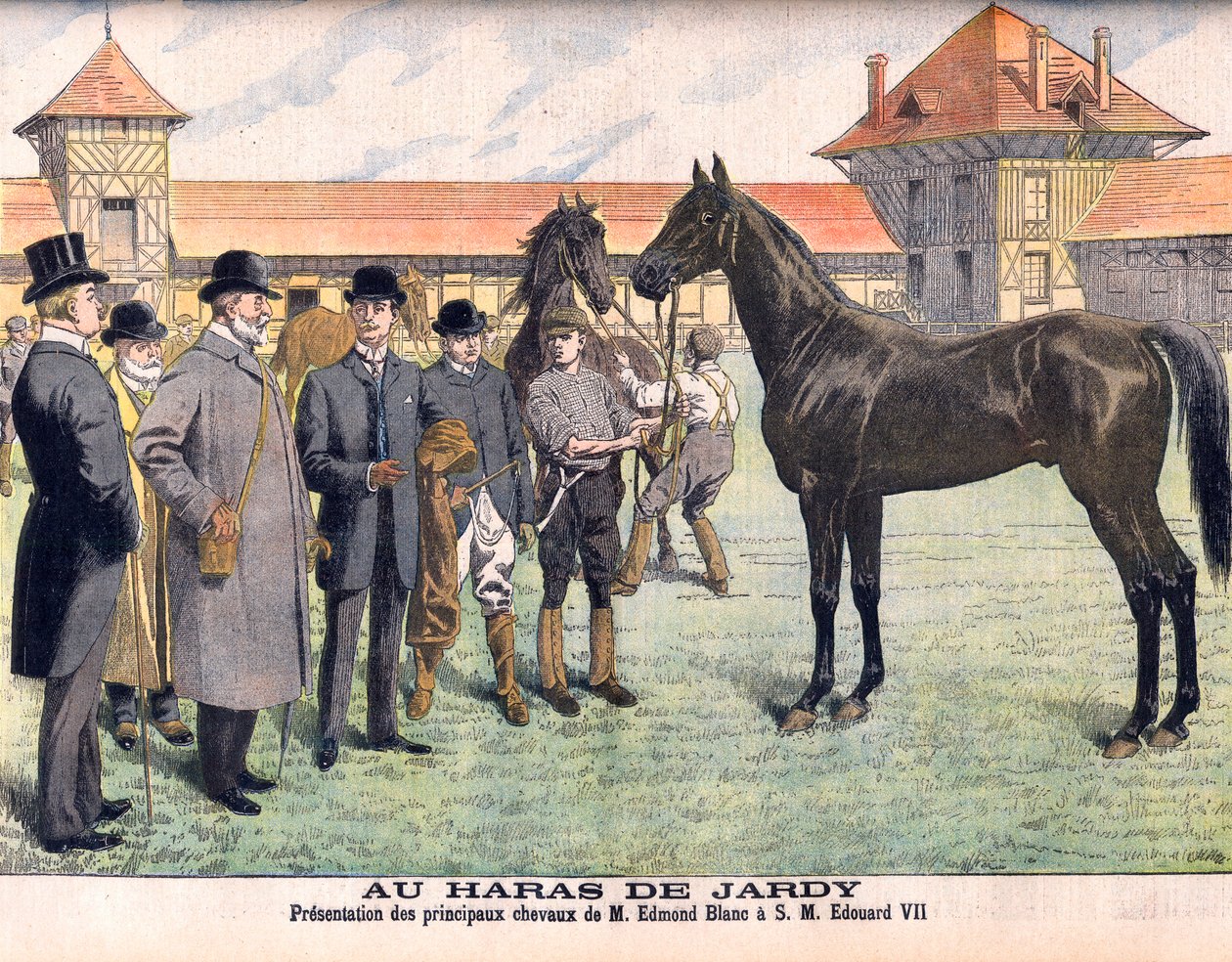 A Párizson kívüli Jardy ménesben (Marnes-la-Coquette). Edmond Blanc tenyésztő bemutatja legjobb lovait VII. Edward királynak. A Jardy Stud. Edmond Blanc úr fő lovainak bemutatása VII. Edouardnak (1841-1910). Illusztráció a Le petit Journal számára alkotó: French School