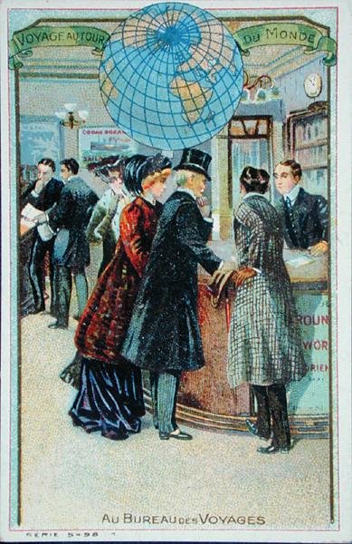 „Az utazási irodákban”, egy sor gyermekgyűjtő kártya, 1880-90 körül (színes litó) alkotó: French School