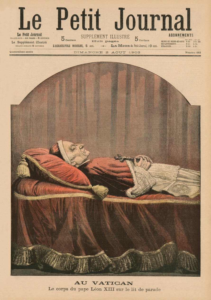 XIII. Leó pápa a Vatikánban fekvő helyzetben, a „Le Petit Journal” első borítójának illusztrációja, illusztráció melléklete, 1903. augusztus 2. alkotó: French School