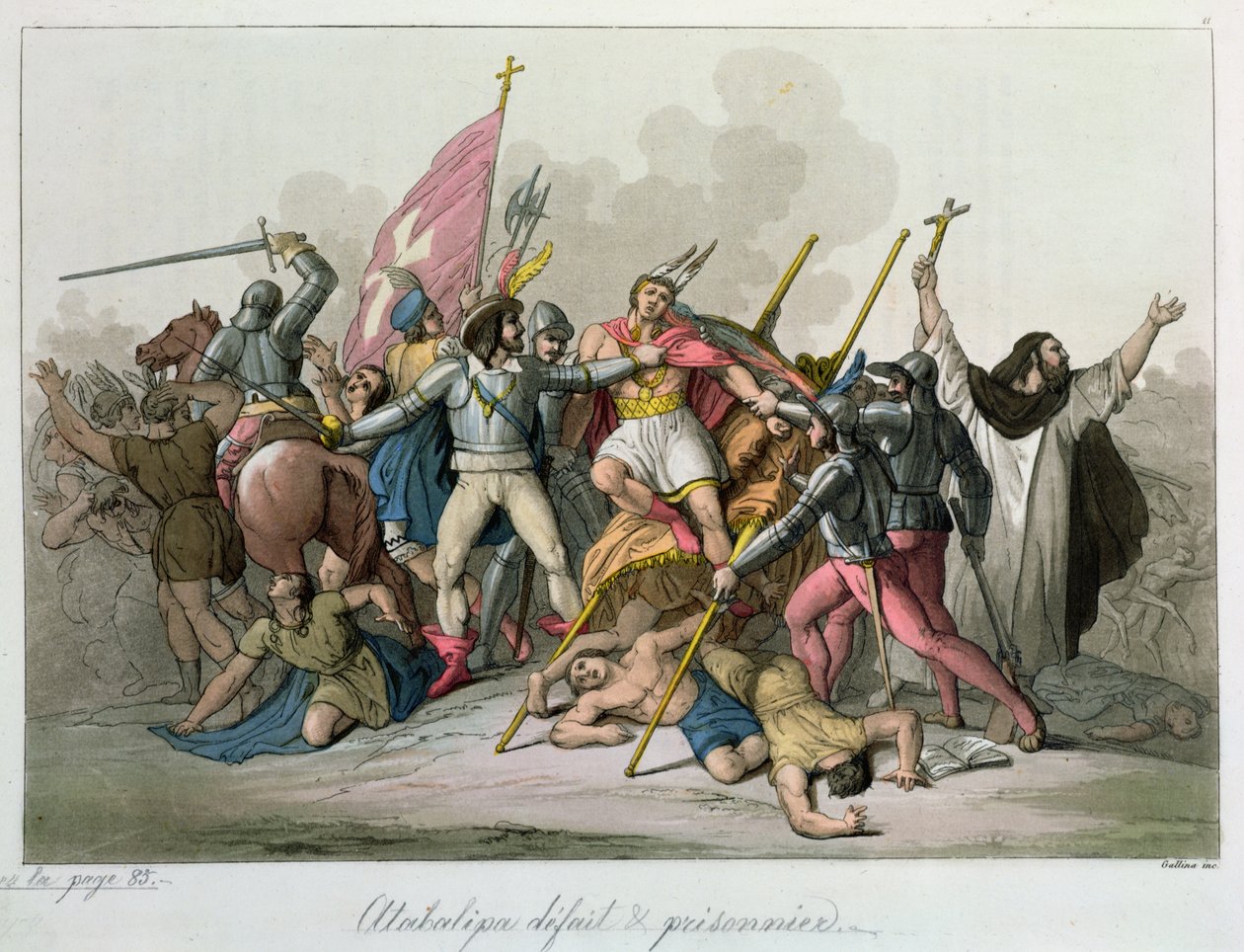 Atahualpa (kb. 1502-33) legyőzte és fogságba esett Francisco Pizarro (kb. 1478-1541) csapataitól 1820 alkotó: French School