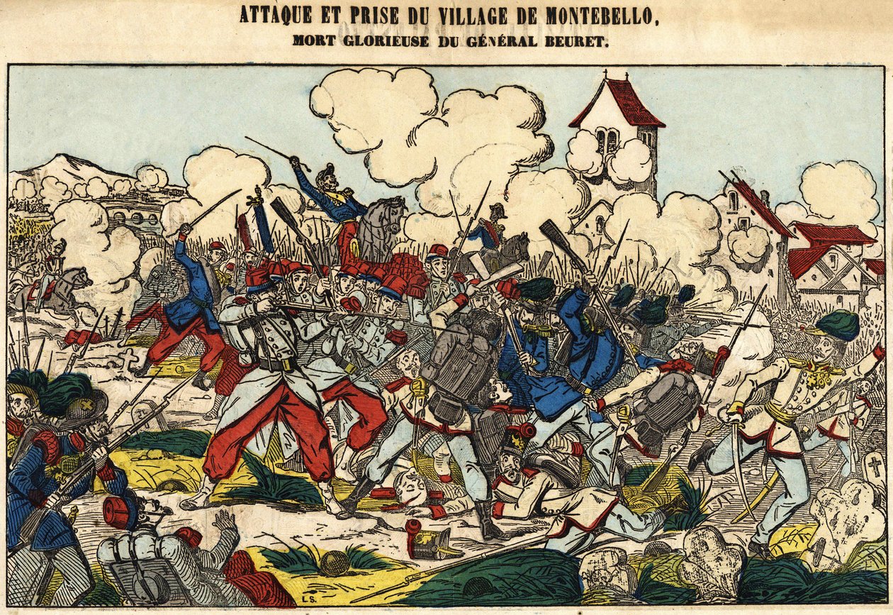 Montebello falu támadása és elfoglalása, Beuret tábornok dicsőséges halála 1859-ben. Epinal képe alkotó: French School