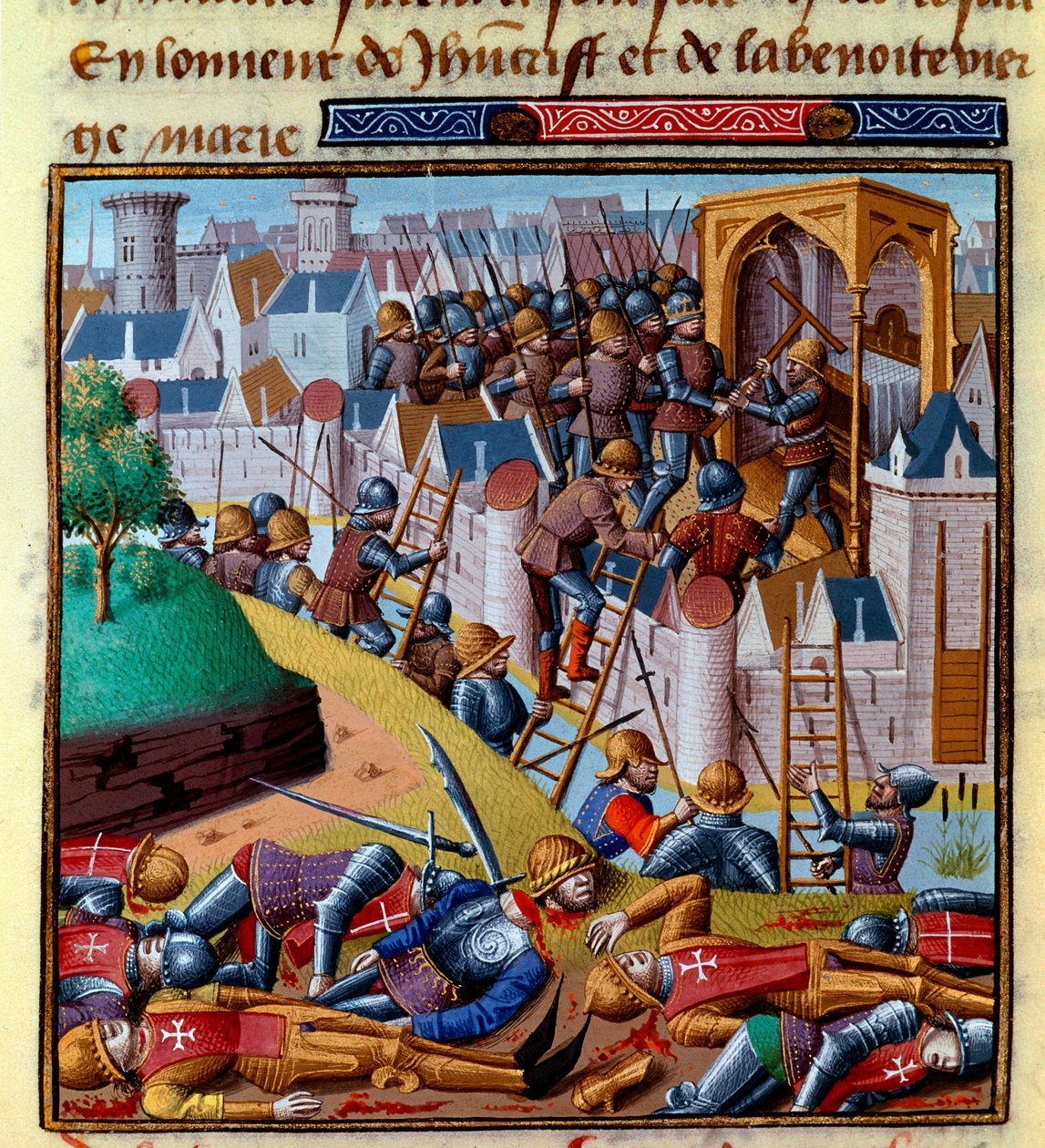 Egy megerősített város megtámadása Miniatúra Vincent de Beauvais (1190-1264) "Le miroir historial" (Speculum Historiale) című művében, amelyet Jean de Vignay fordított franciára. alkotó: French School