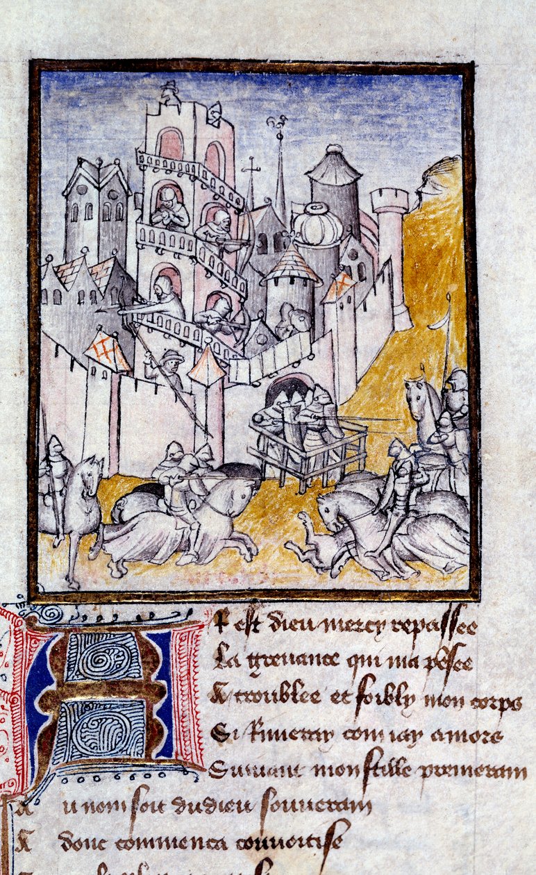 Egy miniatűr kastély megtámadása Christine de Pisan (vagy Pizan) „A hosszú tanulás útja és a szerencsemutáció” című filmből alkotó: French School