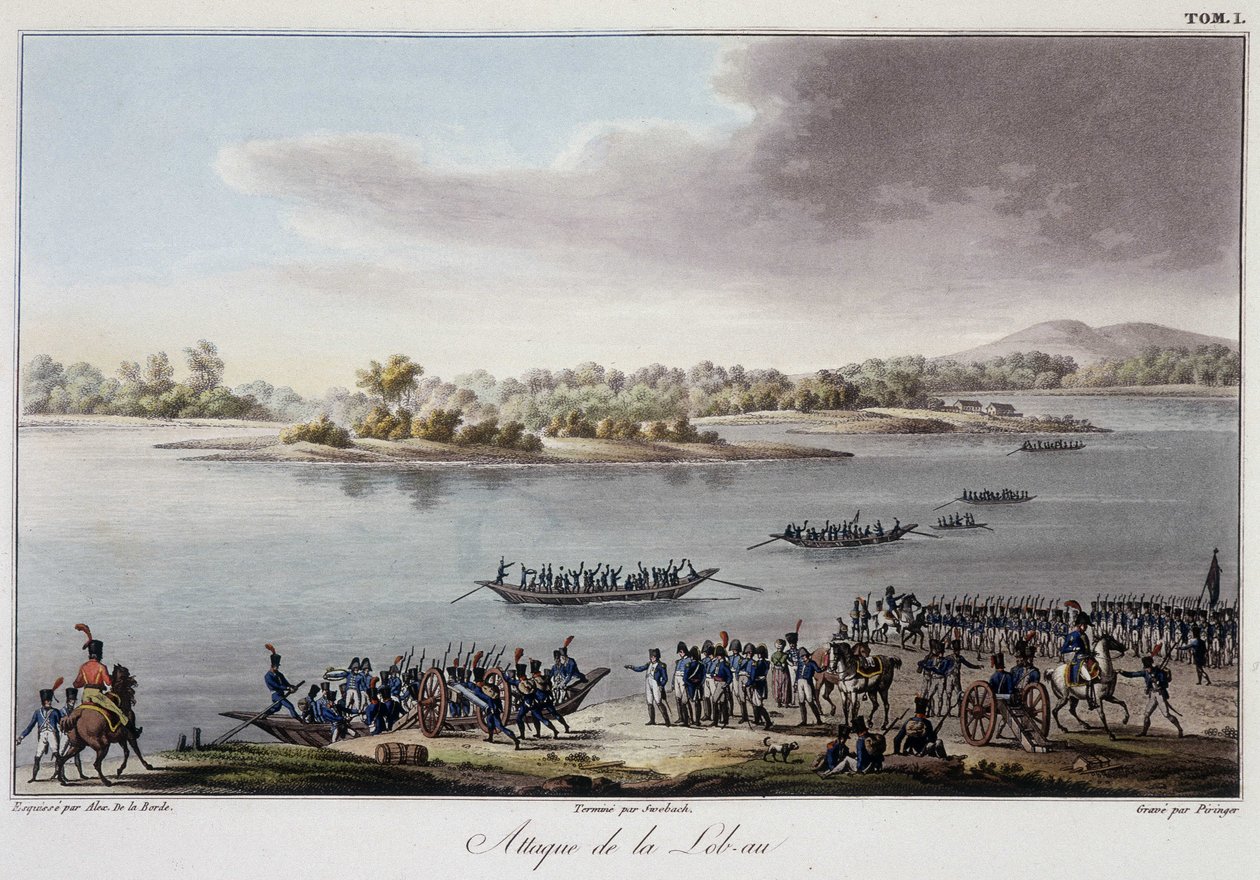 A Lobau támadása 1809-ben – „Az 1809-es Franciaország és Ausztria háborújának történeti összefoglalója” c. alkotó: French School
