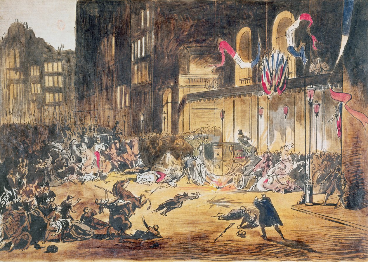 Felice Orsini és három bűntársa kísérlete III. Napóleon és felesége, Eugenie életére 1858. január 4-én Párizsban (színes metszet) alkotó: French School