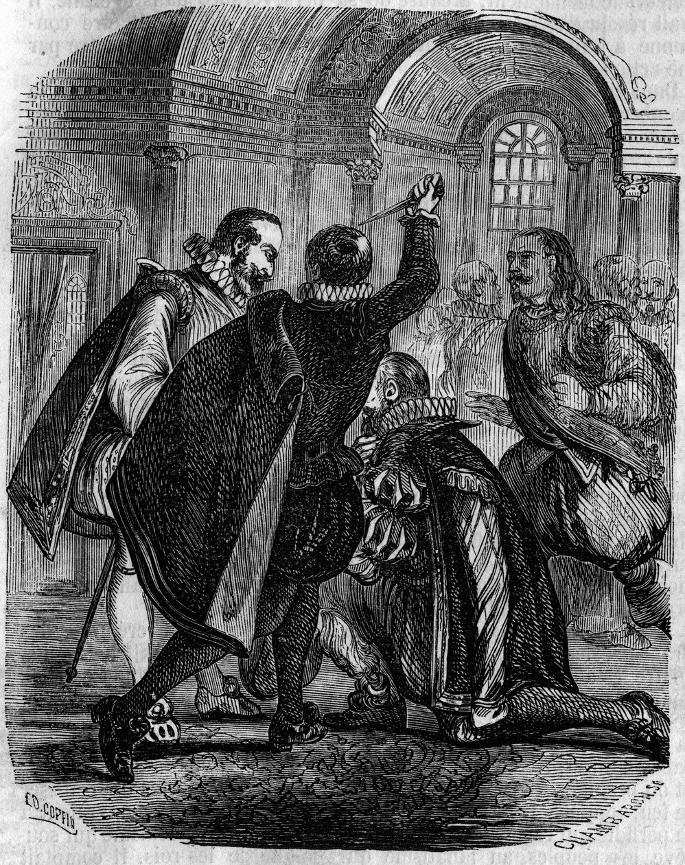 Meggyilkolási kísérlet Jean Chastel (Jean Chatel) (1575-1594) ellen IV. Henrik francia király ellen 1594. december 27-én. Metszet a XIX. alkotó: French School