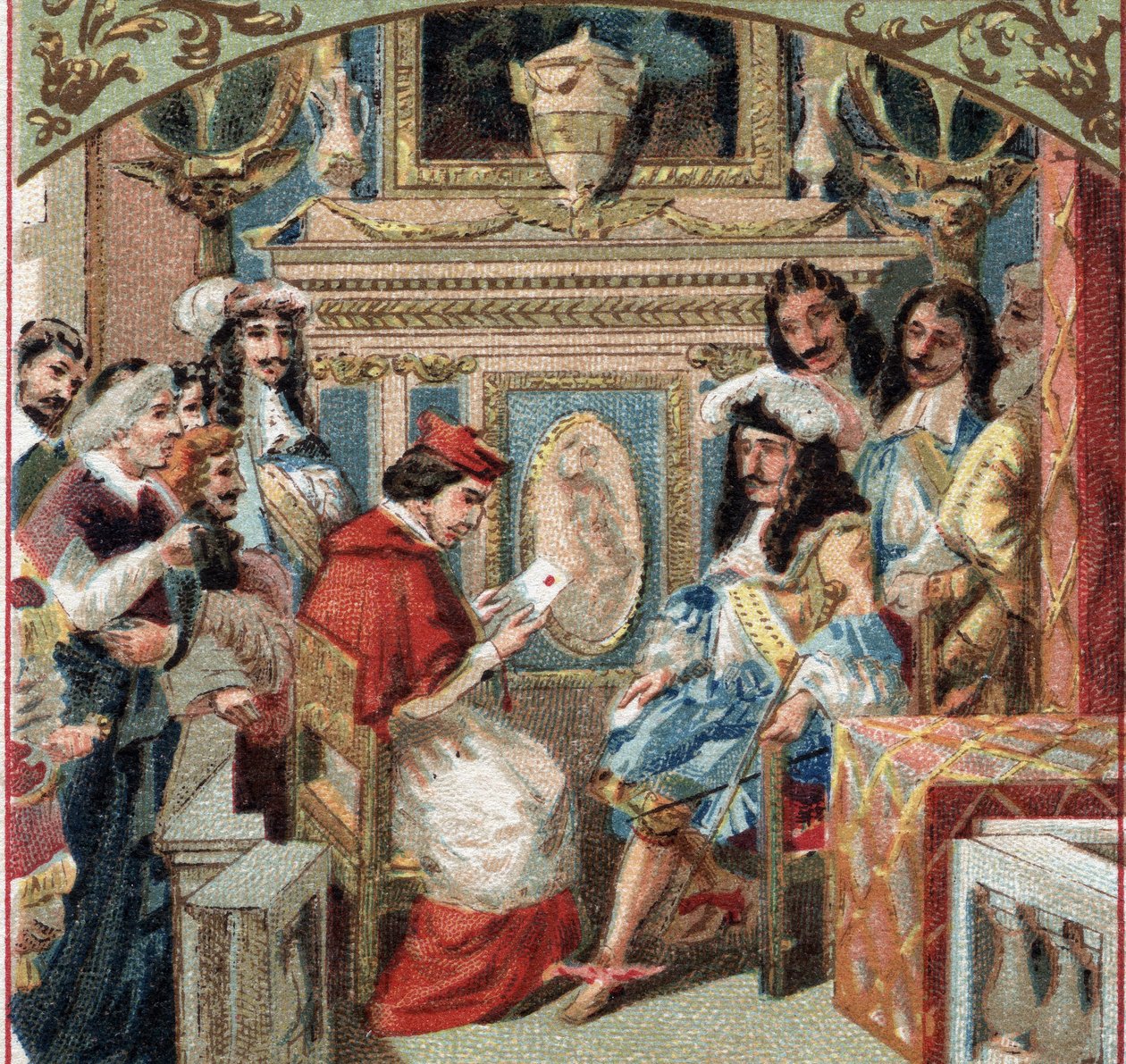 A Legatnak adott közönség a király szobájában (XIV. Lajos?) a versailles-i kastélyban. A 19. század végének kromolitográfiája alkotó: French School