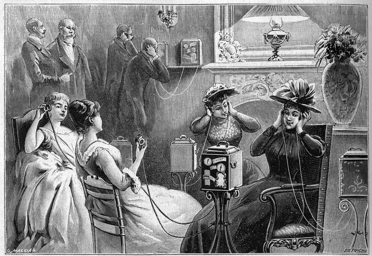 A Theatrophone meghallgatása (színházi meghallgatások otthon) egy nagy párizsi szálloda társalgójában 1892-ben. alkotó: French School