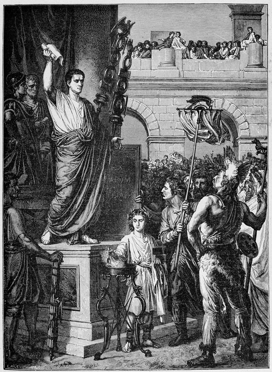 Augustus (Octavianus vagy Octavianus) (Kr. e. 63 - Kr. u. 14.) bemutatja az alkotmányt a három kelta Gallia tartomány Lyonban összegyűlt képviselőinek (i.sz. 10. év) – „Franciaország és a franciák az évszázadokon át” c. alkotó: French School