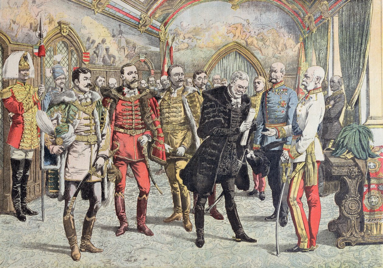 Osztrák-Magyar válság - Ferenc József császár fogadása a magyar mágnásokhoz, illusztráció a Le Petit Journalból, 1905. október 15. alkotó: French School