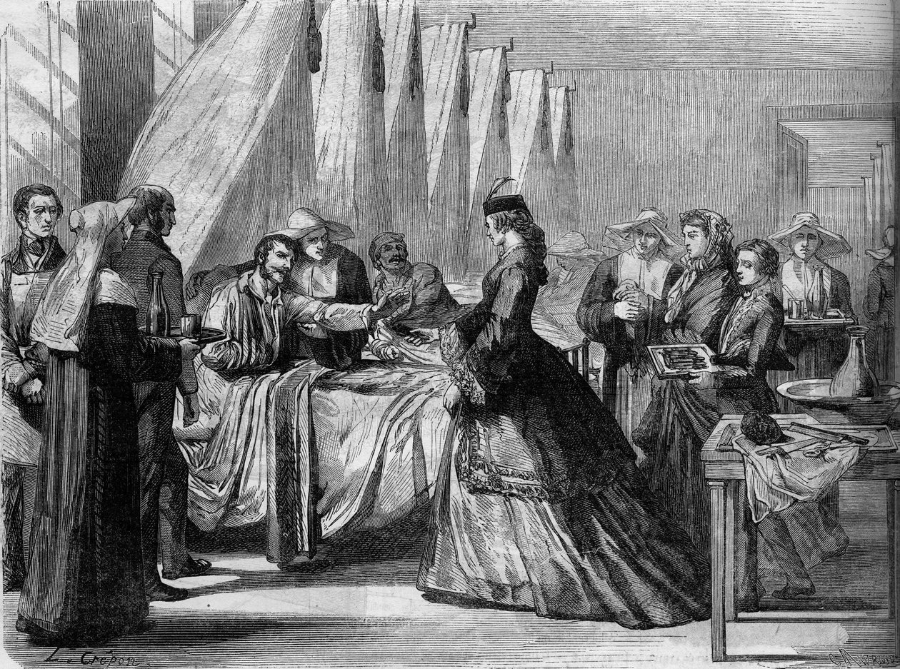 Osztrák-porosz háború (1866): Erzsébet osztrák császárné (Sissi) (1837-1898) meglátogatja a sebesült katonákat Bécsben. Metszet a „” Le Monde Illustré”” 486. számában, augusztus 4 alkotó: French School