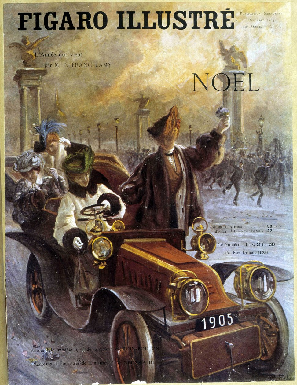 Automobile Dion-Bouton 1905 és Grunwaldt kabátok és szőrmék - a Le Figaro Illustré című filmben, 1904. dec. alkotó: French School