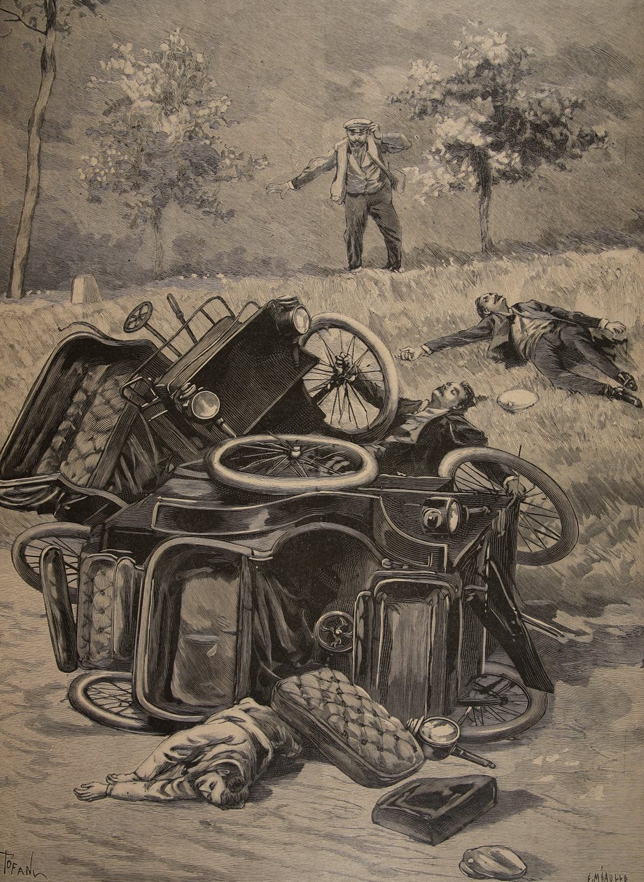Autóbaleset, illusztráció a Le Petit Journalból: Illusztráció-kiegészítés, 1898 alkotó: French School