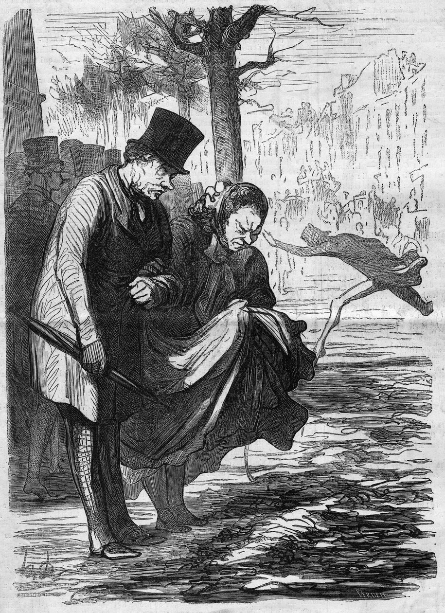Szörnyű aszfalt!. Honore Daumier (1808-1879) rajzfilmje. Metszet a „” The Illustrated World”” 277. számában, augusztus 2 alkotó: French School