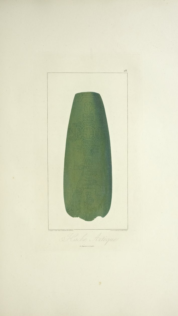 Azték fejsze, illusztráció: Alexander von Humboldt és Aime Bonpland „Kordillerák látképe és Amerika őslakosainak emlékművei” alkotó: French School