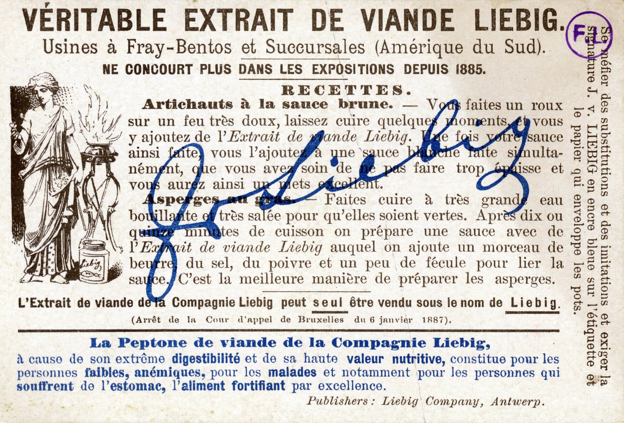 Liebig kártya hátoldala) barna szósszal készült articsóka receptjével. Reklám kromolitográfiája alkotó: French School